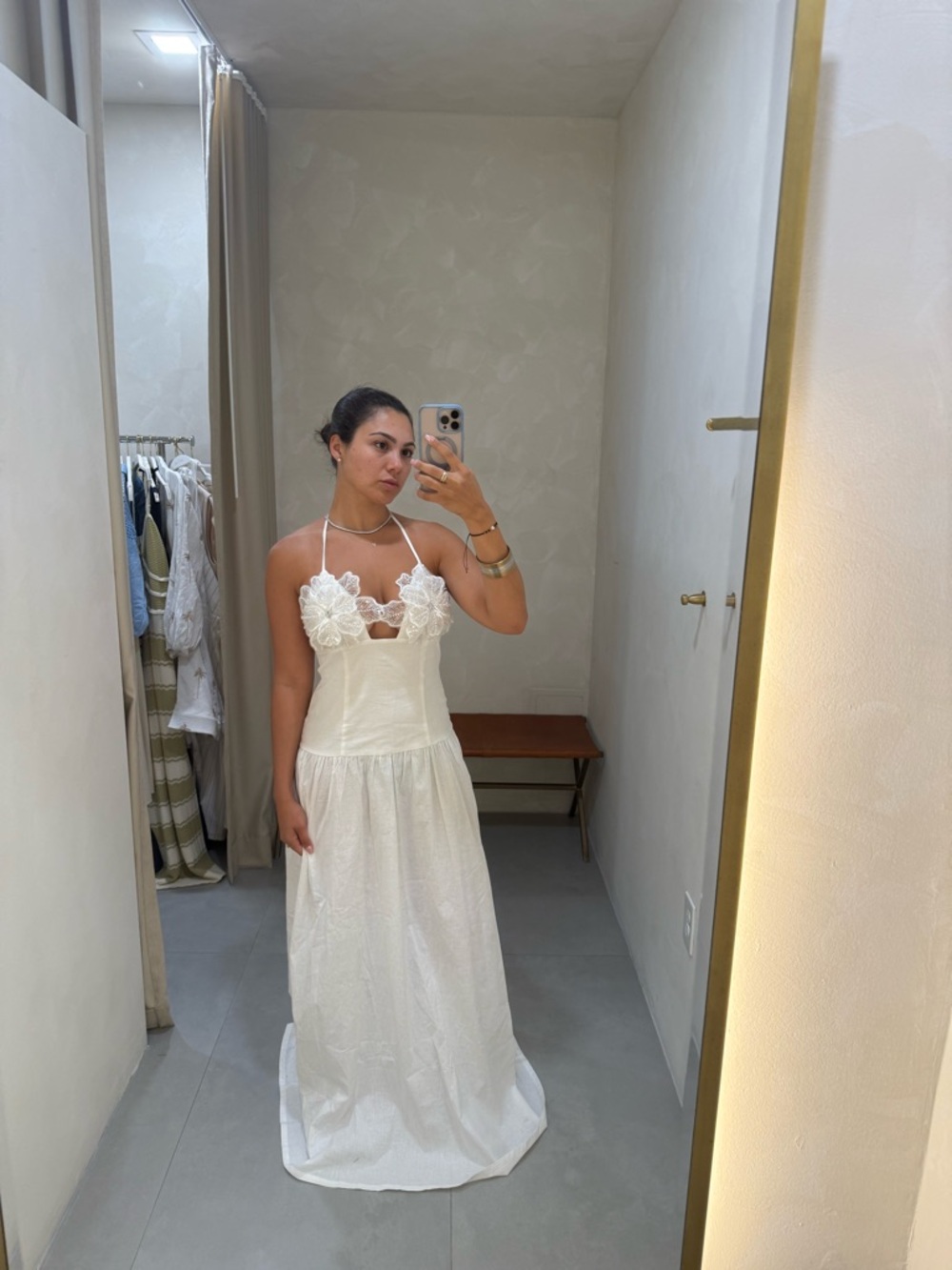 White Floral Appliqué Halter Maxi Dress